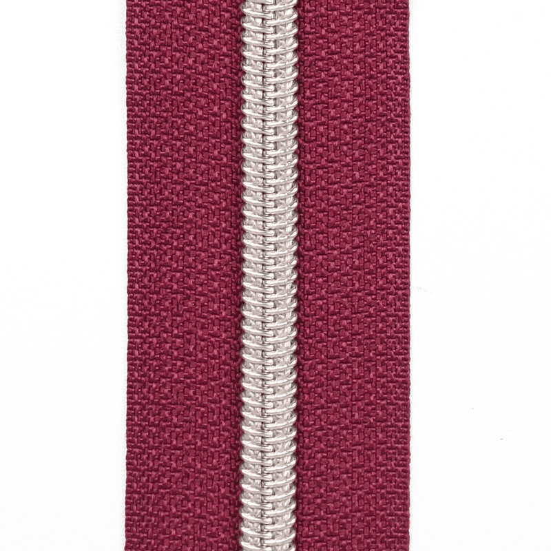 Sølv/Bordeaux - 3 m Glidelås 6,5 mm