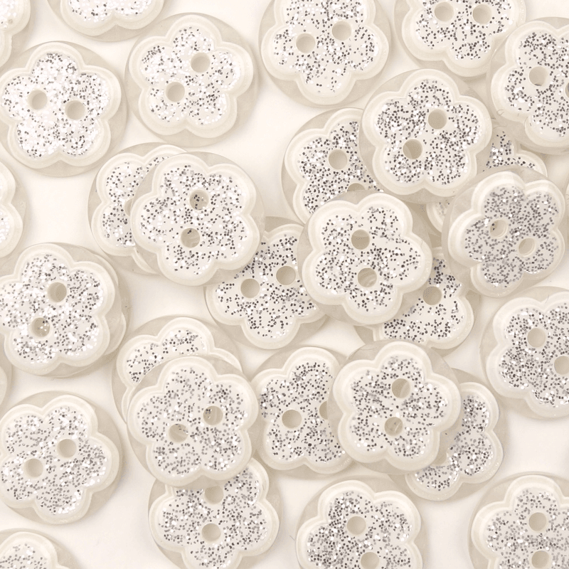 Glitterblomst Hvit  13 mm Resin Knapp